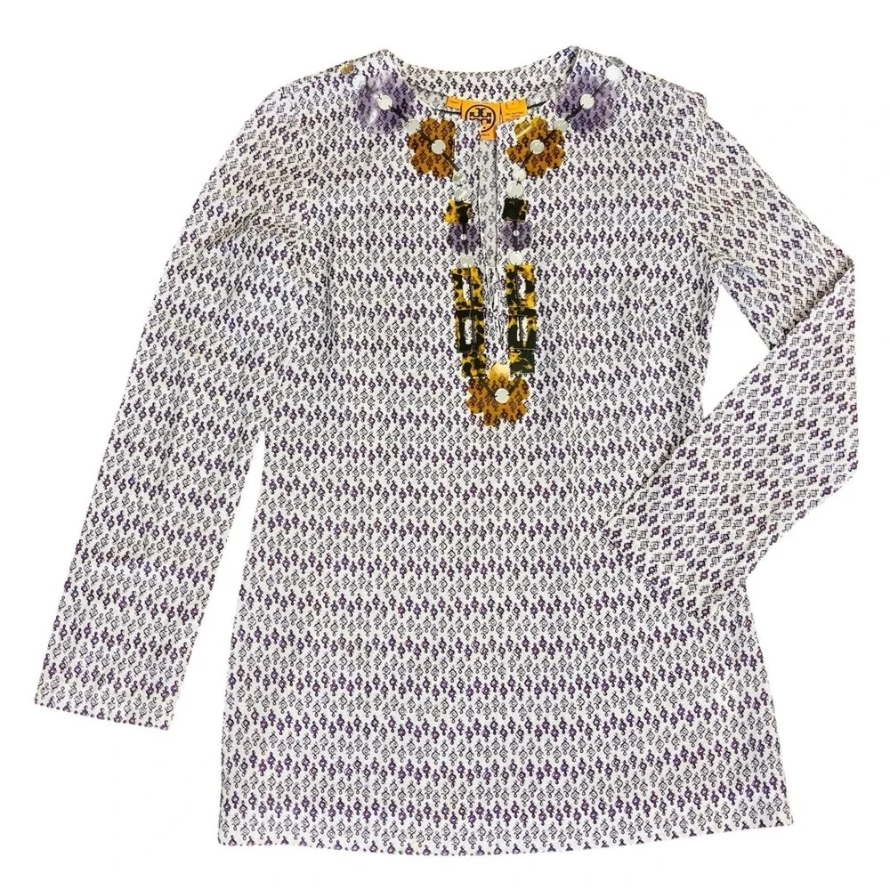 Tory Burch Sz 6 Printed Cotton And‎ Silk V Neck Tunic Top Purple Beaded Neckline